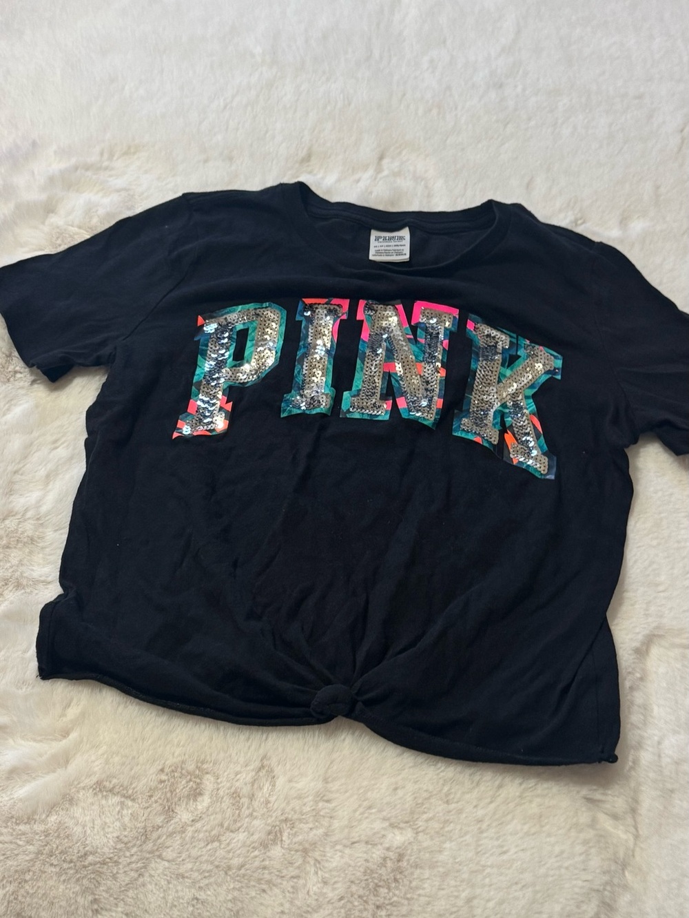 PINK Victoria's Secret Black Tee with Multicolor Sequin Logo